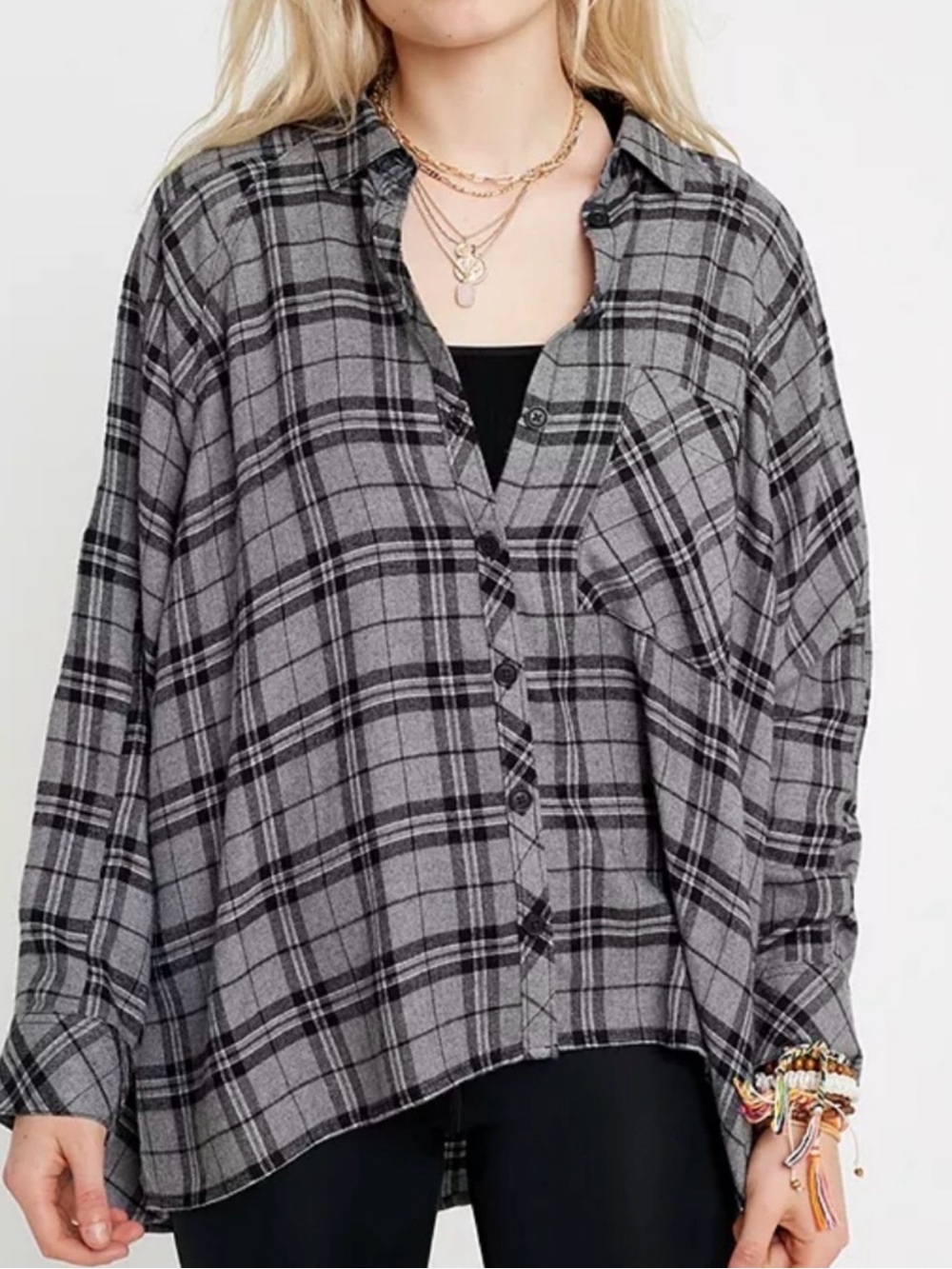 BDG Urban Outfitters Brendan Slouchy Plaid Flannel Shirt - Black Gray - Medium